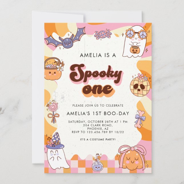 Convite Retro Spooky Um primeiro aniversario Rosa De Hallo (Frente)