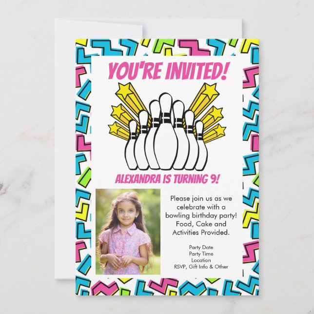 Convite Retro Stars Raparigas Fotografias Festa de Boliche (Frente)