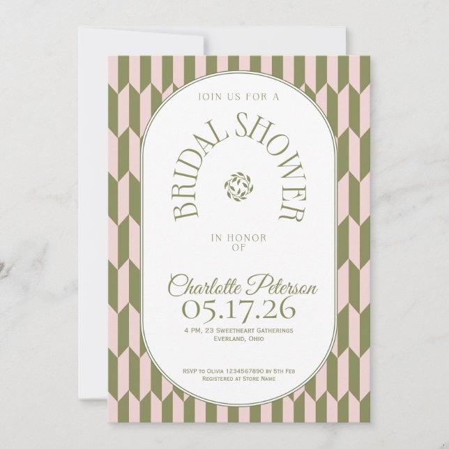 Convite Retro stripe olive pink typography Bridal Shower (Frente)