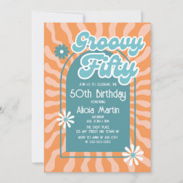 Convite Retro Sun Wave Daisy Groovy Green 50º aniversário