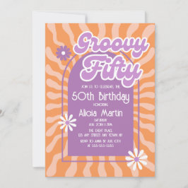 Convite Retro Sun Wave Daisy Groovy Purple 50º aniversário