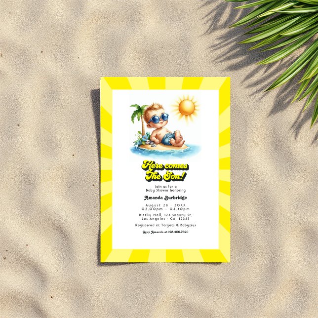 Convite Retro Sunny Beach, "Aqui Vem o Filho", Chá de fral (Retro Sunny Beach "Here Comes the Son" Baby Shower Invitation









)