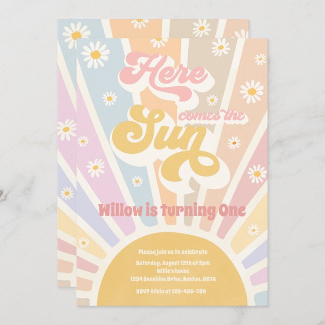 Convite Retro Sunshine Birthday Aqui Vem A Festa Do Sol (Frente/Verso)