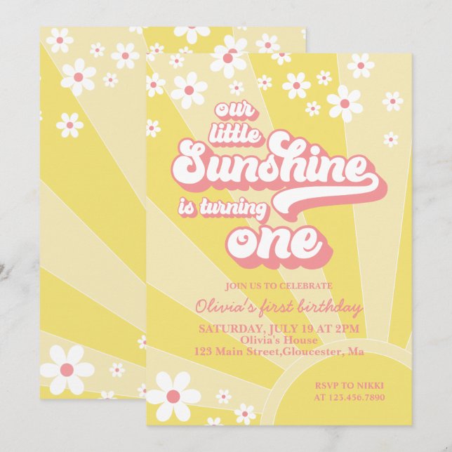 Convite Retro Sunshine margarida boho floral primeiro aniv (Frente/Verso)