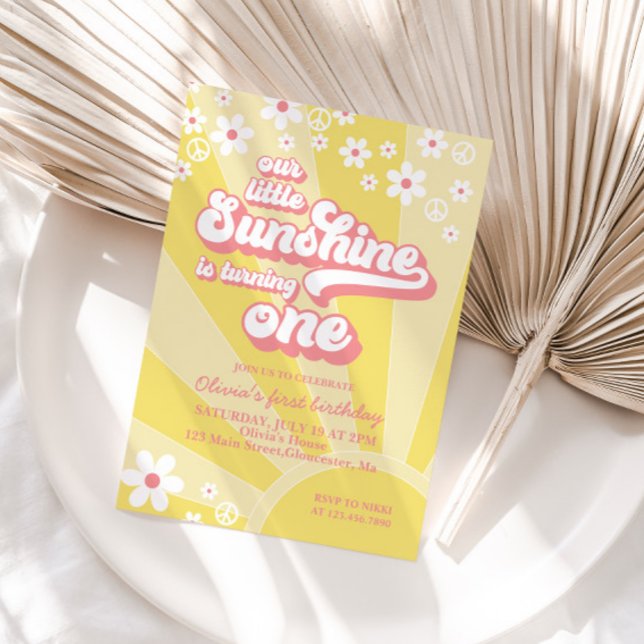 Convite Retro Sunshine margarida boho floral primeiro aniv (Criador carregado)