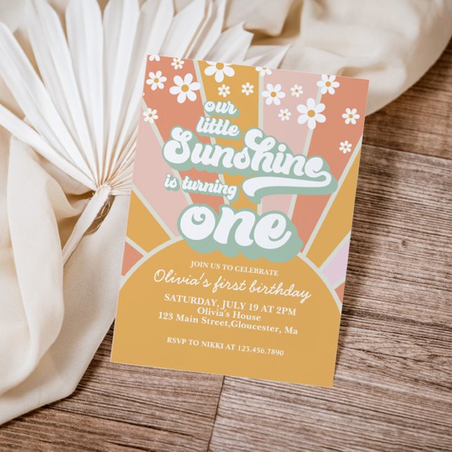 Convite Retro Sunshine margarida boho floral primeiro aniv (Criador carregado)