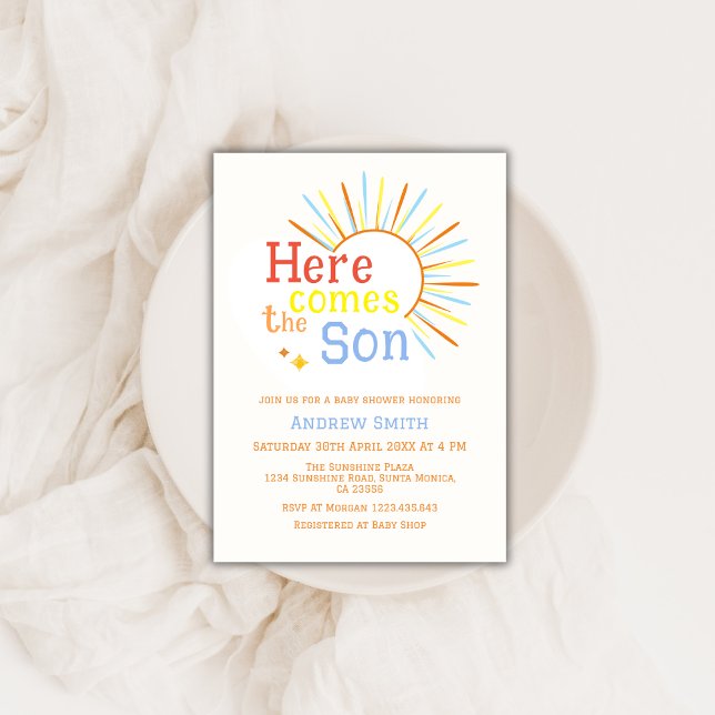 Convite Retro Sunshine Vem O Chá de fraldas Filho (Retro Sunshine Here Comes The Son Baby Shower Invitation)