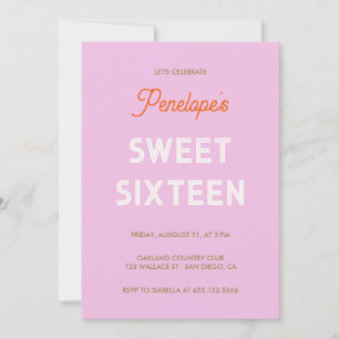 Convite Retro tipográfico negro Doce dezesseis - rosa lilá