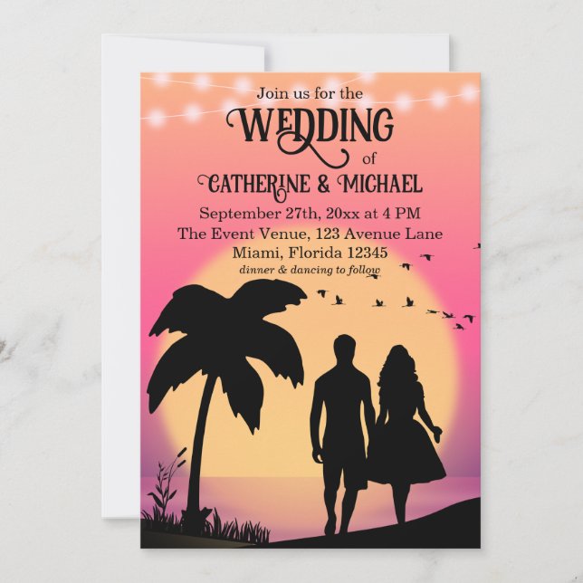 Convite Retro Tropical Ocean Beach Sunset Summer Weds (Frente)