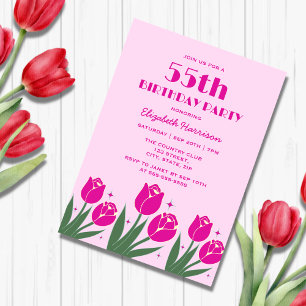 Convite Retro-Tulip Floral Magenta Rosa Noivo