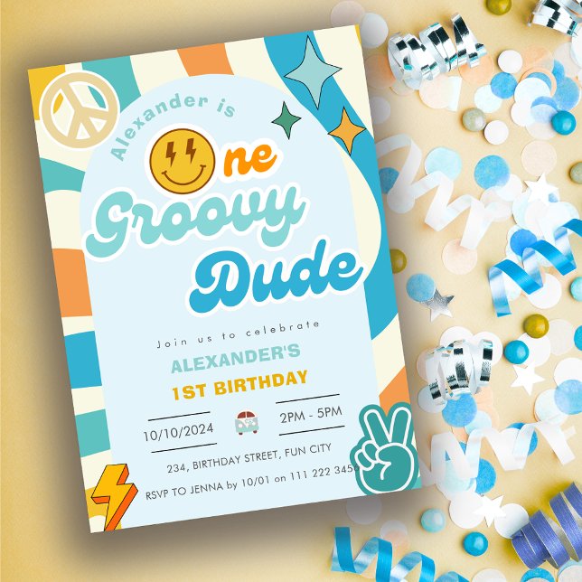 Convite Retrô Um Garoto Da Groovy 1rua Primeiro Aniversári (Retro One Groovy Dude Boy 1st First Birthday Invitation)