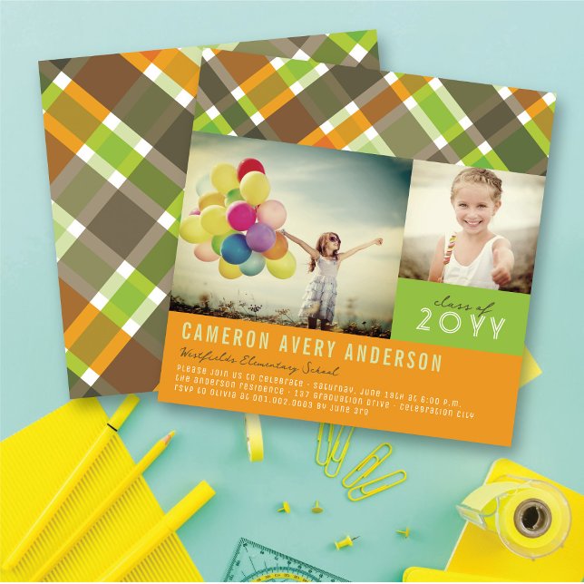 Convite Retro Verifica Xadrez Moderna 2 Festa de formatura (Preppy Orange, Green & Grey Checks Pattern Modern 2 Photo Graduation Party Invitation @ fatfatin)