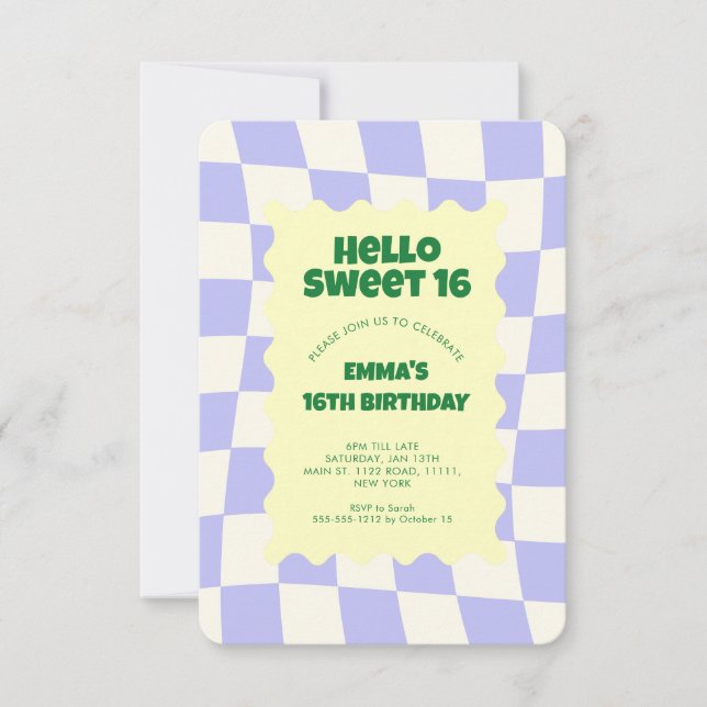 Convite Retro Verificador Roxo de Groovy Sweet 16 (Frente)
