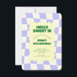 Convite Retro Verificador Roxo de Groovy Sweet 16<br><div class="desc">Festa de aniversário do Padrão do Verificador de Groovy Roxo</div>