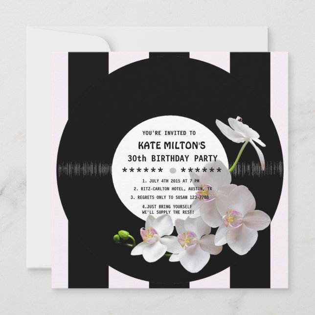 Convite Retro Vinil Record Modern Orchids Birthday Invites (Frente)