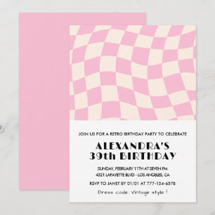 Convite Retro Vintage Rosa 39º Xadrez aniversário