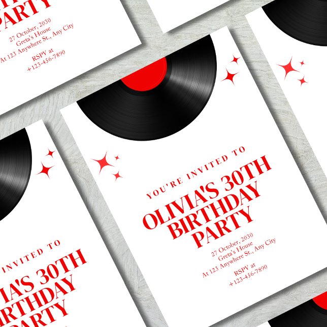 Convite Retro Vinyl Record Music Birthday Bash em Vermelho (Criador carregado)