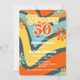 Convite Retro Wave Daisies Groovy 50º aniversário verde