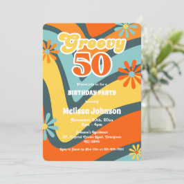 Convite Retro Wave Daisies Groovy 50º aniversário verde
