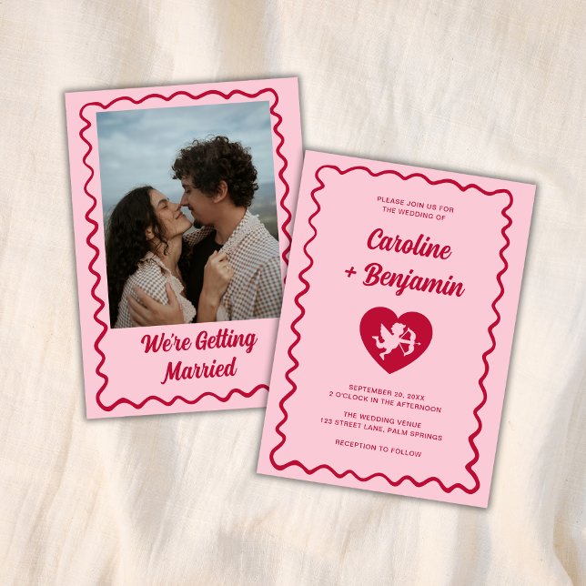 Convite Retro Wavy Frame Red Pink Cupid Heart Wedding (Criador carregado)