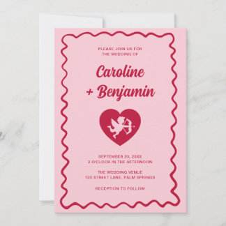 Convite Retro Wavy Frame Red Pink Cupid Heart Wedding