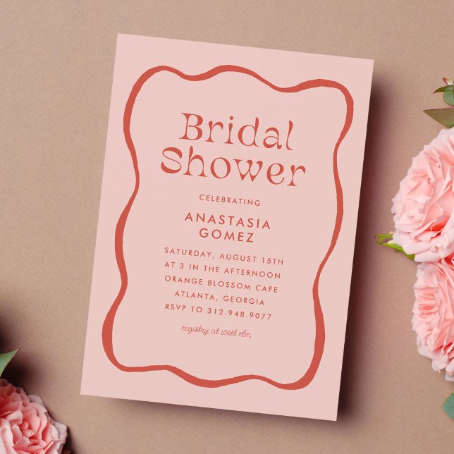 Convite Retro Wavy Squiggle Quadro em Laranja Chá de Noiva (retro wavy frame bridal shower invitation)