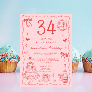 Convite Retro Whimsical Quirky Red Pink 34º Aniversário