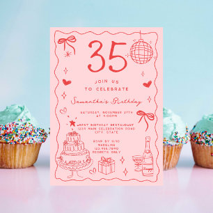 Convite Retro Whimsical Quirky Red Pink 35º Aniversário