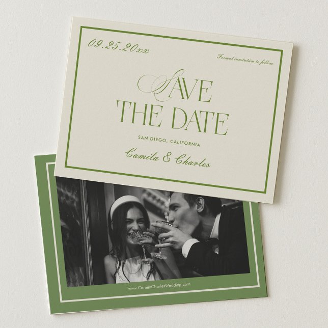 Convite Retro White and Green Wedding Save the date Photo  (Criador carregado)