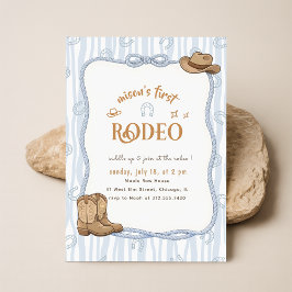 Convite Retro Xadrez Azul Cowboy Primeiro Rodeio Aniversár