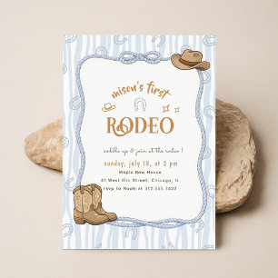 Convite Retro Xadrez Azul Cowboy Primeiro Rodeio Aniversár