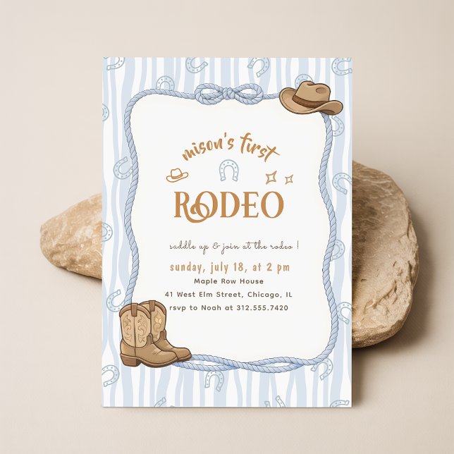 Convite Retro Xadrez Azul Cowboy Primeiro Rodeio Aniversár (Criador carregado)