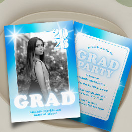 Convite Retro Y2K Cyber Blue Neon Graduation Photo Party