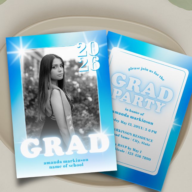 Convite Retro Y2K Cyber Blue Neon Graduation Photo Party (Criador carregado)