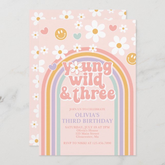 Convite Retro Young Wild e Three Rainbow aniversário de 3  (Frente/Verso)