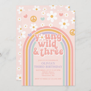 Convite Retro Young Wild e Three Rainbow aniversário de 3 