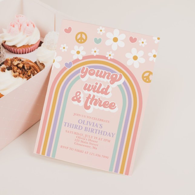 Convite Retro Young Wild e Three Rainbow aniversário de 3  (Criador carregado)