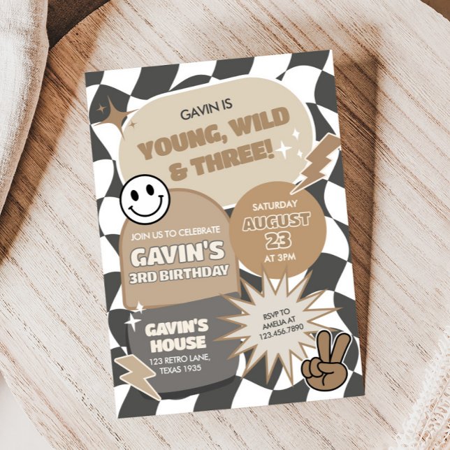 Convite Retro Young Wild e Três Festas de aniversário (Retro Groovy Young Wild and Three Birthday Party Invitation)