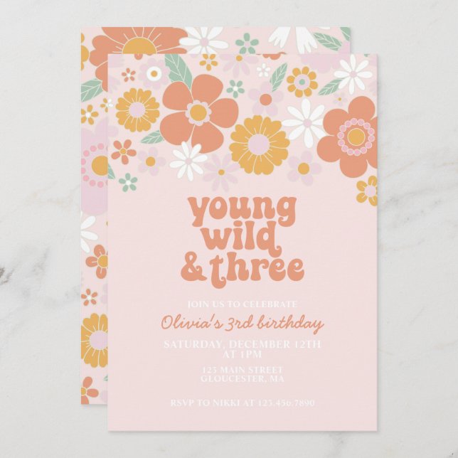 Convite Retro Young Wild Three Floral aniversário de 3 ano (Frente/Verso)