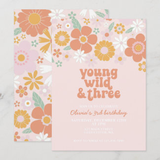 Convite Retro Young Wild Three Floral aniversário de 3 ano
