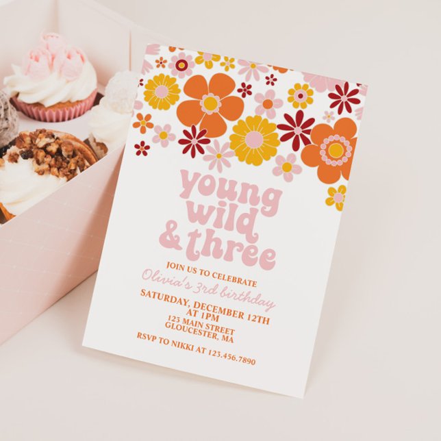 Convite Retro Young Wild Three Floral aniversário de 3 ano (Criador carregado)