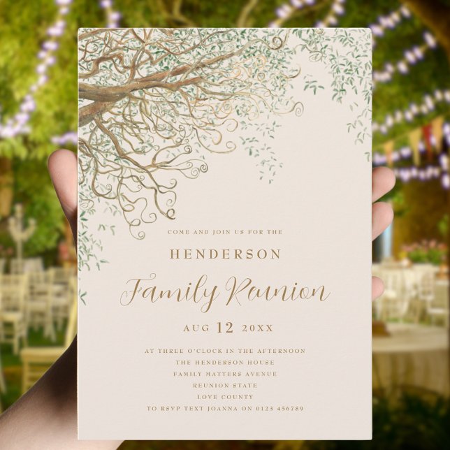 Convite Reunião da Família Árvore da Família (Family tree family reunion summer party invitation Elegant modern script beige and brown)