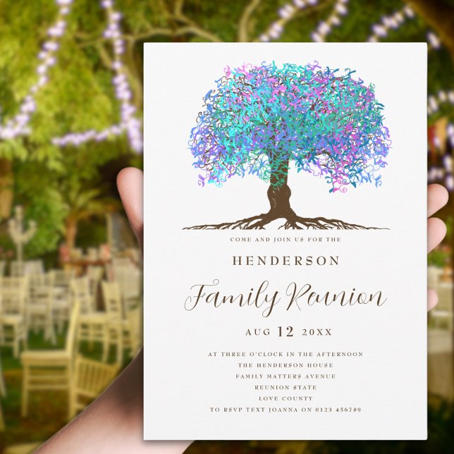 Convite Reunião da Família Árvore da Família (Colorful watercolor tree family reunion party invitation with rainbow leaves and strong roots)