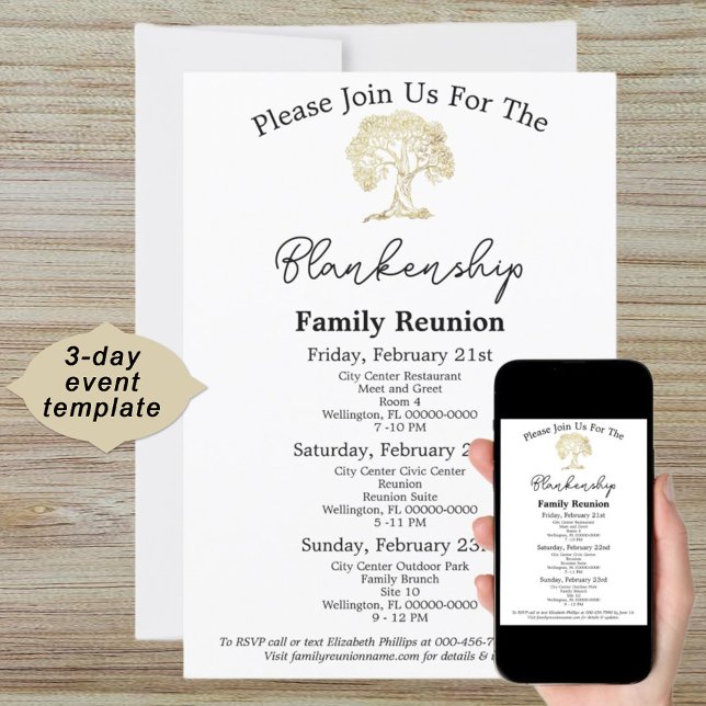 Convite Reunião de 3 Dias da Família de Trabalho de arte d (This old golden tree template design is ready for the details of the 3-day family reunion gathering.)