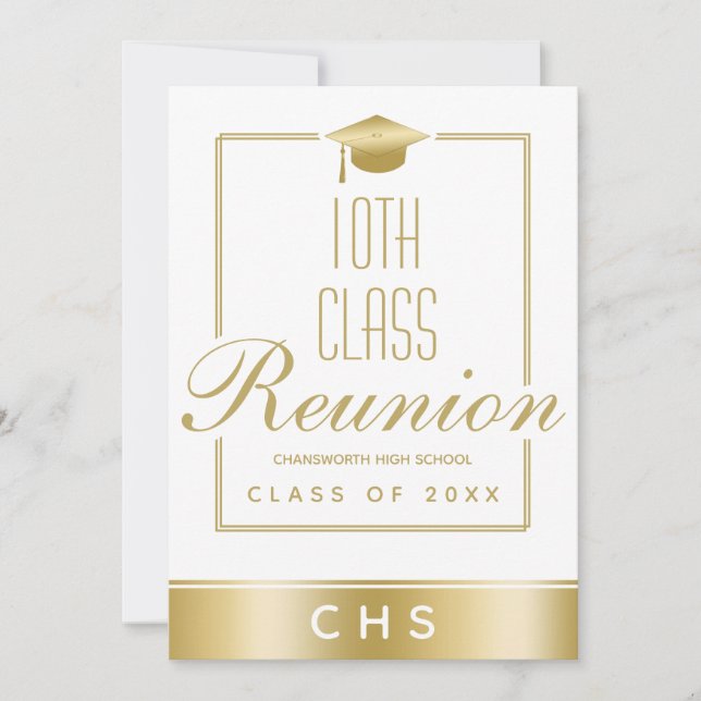 Convite Reunião de Classe 10 com Script Dourado Branco Ele (Frente)
