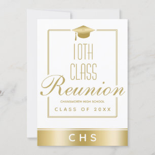 Convite Reunião de Classe 10 com Script Dourado Branco Ele