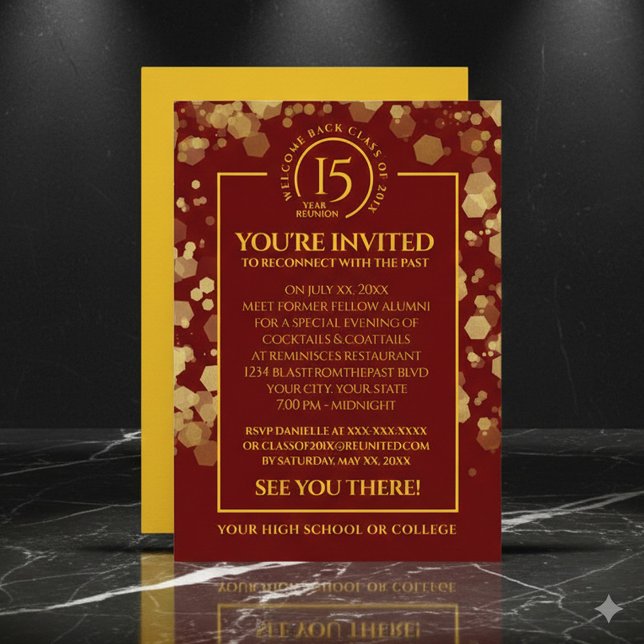 Convite Reunião de Classe Vermelha e Dourada (Elegant Red & Gold School Class Reunion Invitation Cover Photo)