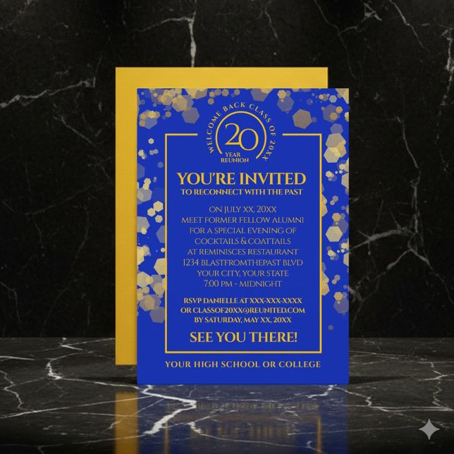 Convite Reunião de Ex-Alunos da Escola Royal Blue & Gold (Elegant Royal Blue & Gold School Class Reunion Invitation Cover Photo)