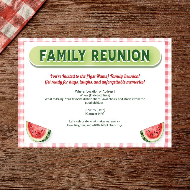 Convite Reunião de Família da Melancia de Verão (Watercolor family reunion invite with red plaid, watermelon, and modern typography)