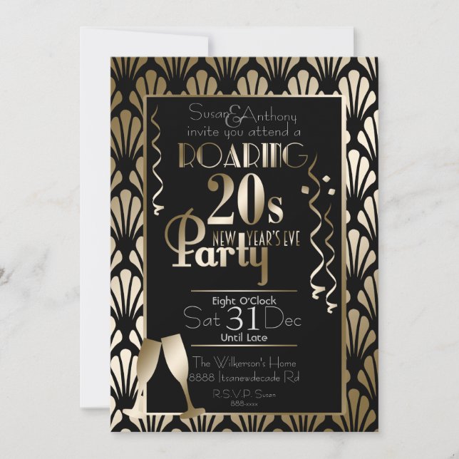 Convite Réveillon do Ano Novo Roaring 20s Art Deco Dourado (Frente)